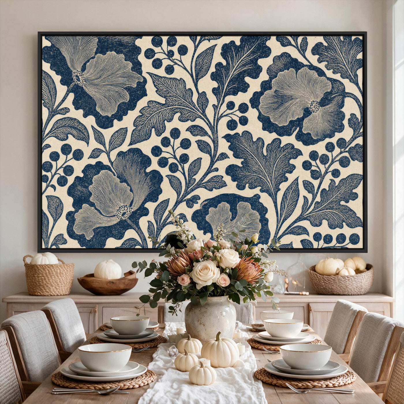 23824002-MGV-CV-36X24 - William Morris Style Navy Blue Floral Wall Art Canvas Print, Vintage Cream Botanical Painting Print