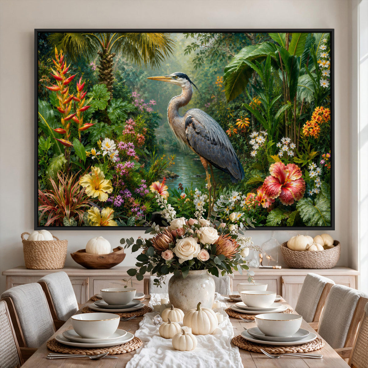 81059387-MGV-CV-36X24 - Great Blue Heron Tropical Jungle Wall Art Canvas Print, Exotic Botanical Garden Painting Print
