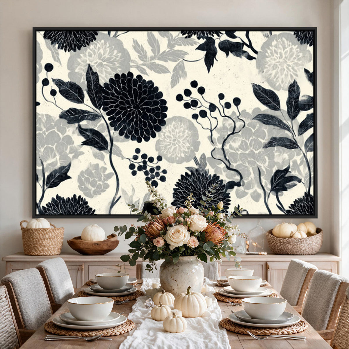 61524791-MGV-CV-36X24 - Vintage Black Chrysanthemum Wall Art Canvas Print, Monochrome Dhalia Floral Painting Print