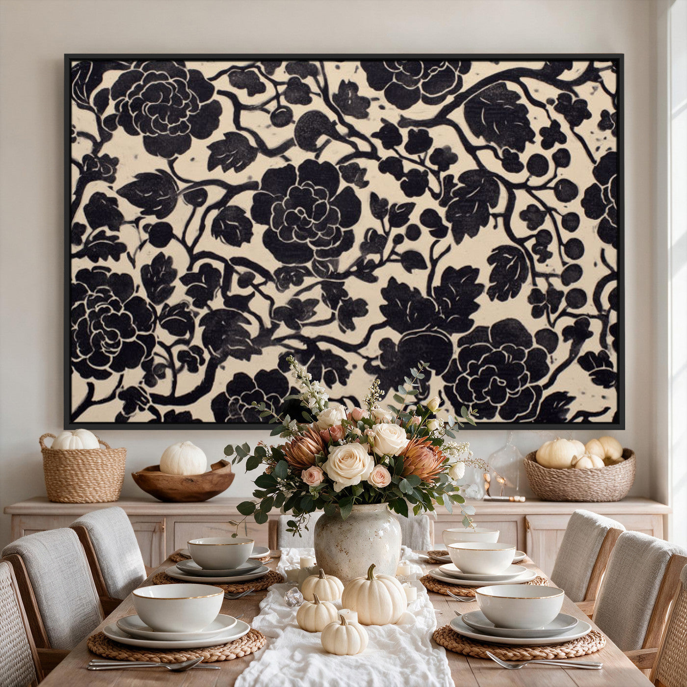 86696255-MGV-CV-36X24 - Vintage Black and Cream Floral Wall Art Canvas Print, Chinoiserie Botanical Painting Print