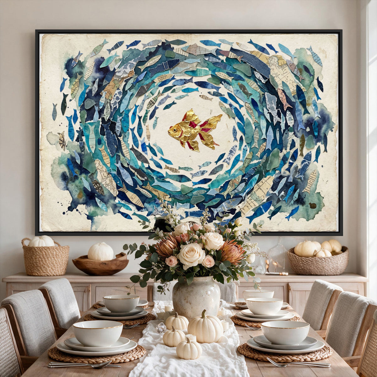 73165663-MGV-CV-36X24 - Mixed Media Blue Fish Swirl Canvas Wall Art, Goldfish Collage Ocean Print