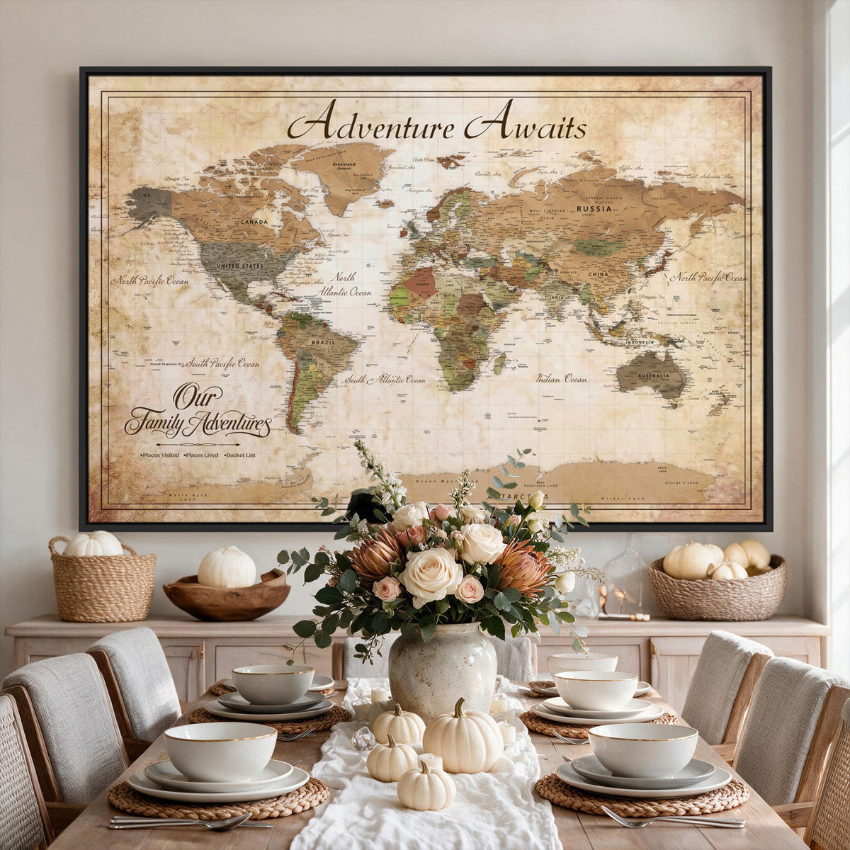 95783582-MGV-CV-36X24 - Our Family Adventures Push Pin World Map Wall Art Canvas Print - Family Travel Tracker Map with Pins