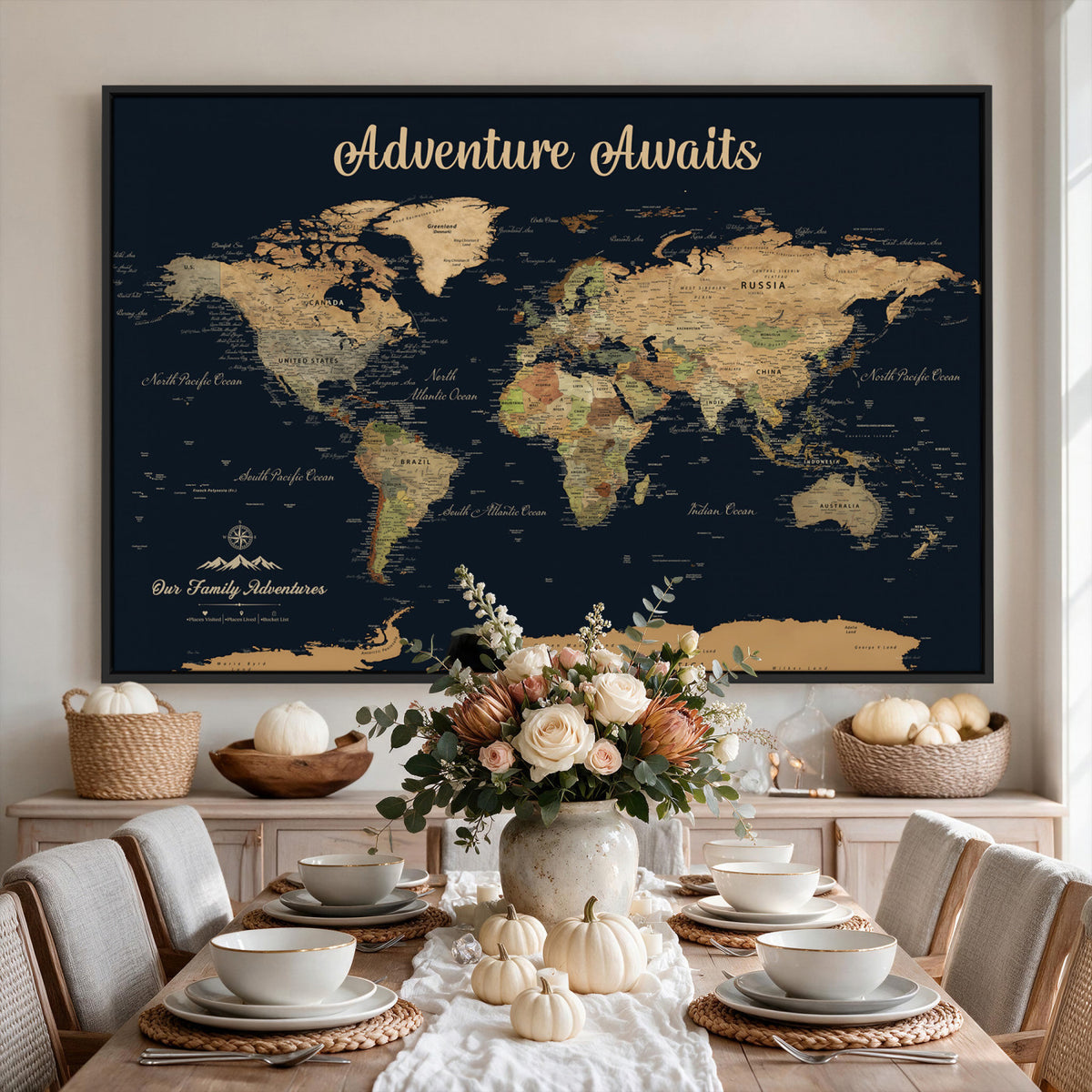 88994085-MGV-CV-36X24 - Our Family Adventures Push Pin World Map Wall Art Canvas Print - Family Travel Tracker Map with Pins