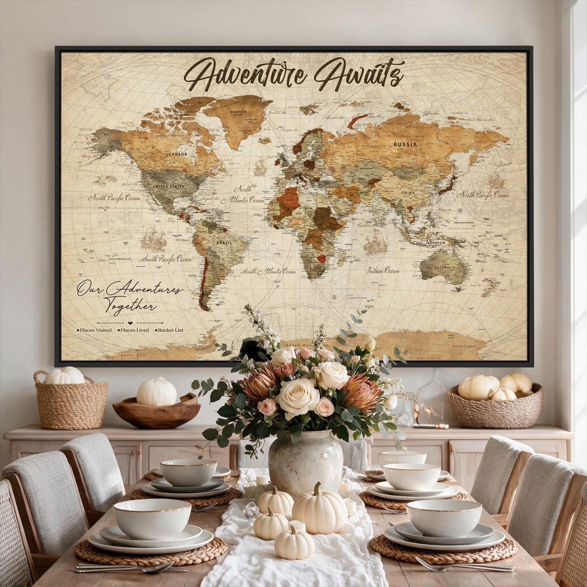 94237870-MGV-CV-36X24 - Our Family Adventures Push Pin World Map Wall Art Canvas Print - Family Travel Tracker Map with Pins