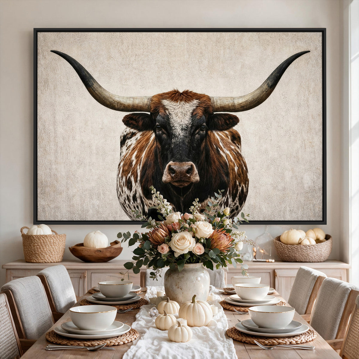 58622065-MGV-CV-36X24 - Texas Longhorn Canvas Wall Art Western Bull Desert Moody Grey Overcast Rustic Farmhouse Framed Large for Living Room Bedroom Office Decor