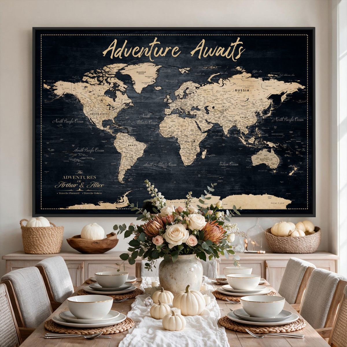 688173822-MGV-CV-36X24 - Extra Large Vintage Personalized Push Pin World Map Wall Art Canvas Print