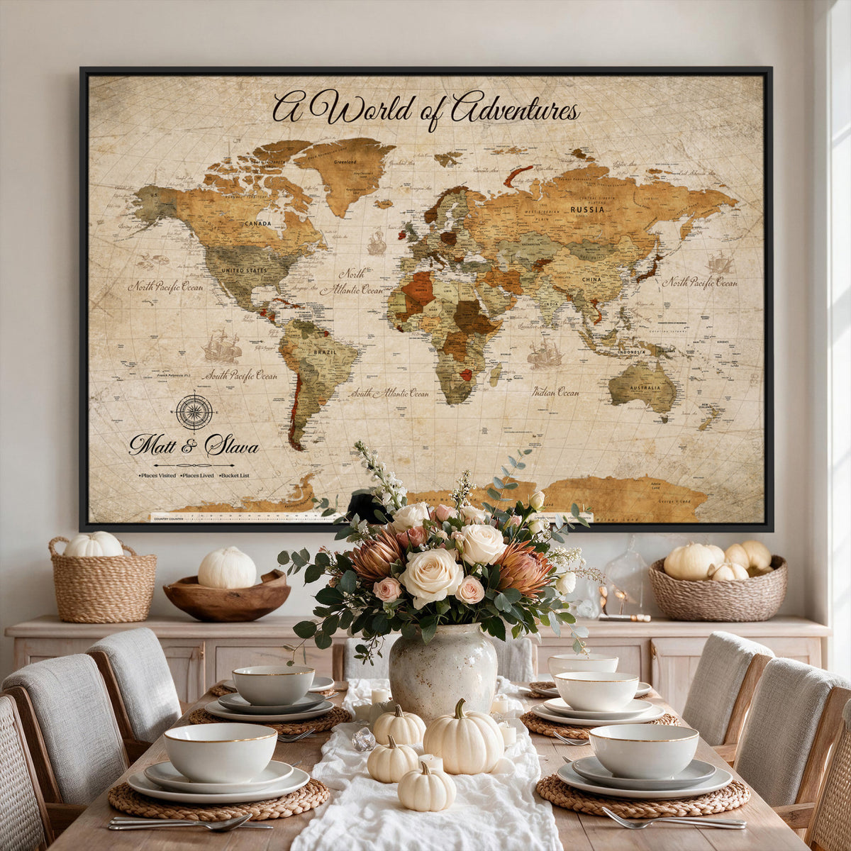 88768647-MGV-CV-36X24 - Extra Large Framed Personalize Push Pin World Map Wall Art Canvas Print for Travel Tracking