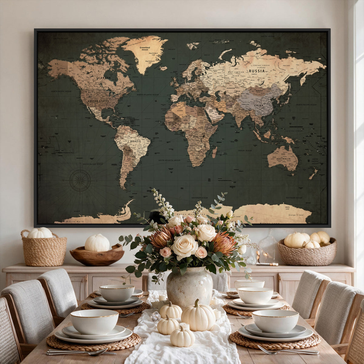 42327656-MGV-CV-36X24 - Extra Large Framed Personalize Push Pin World Map Wall Art Canvas Print for Travel Tracking