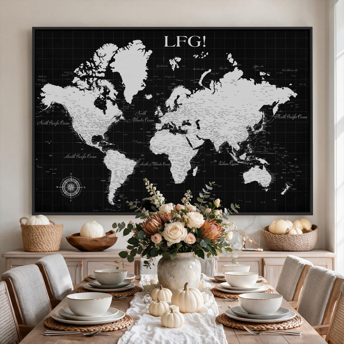 68209291-MGV-CV-36X24 - Extra Large Framed Personalize Push Pin World Map Wall Art Canvas Print for Travel Tracking