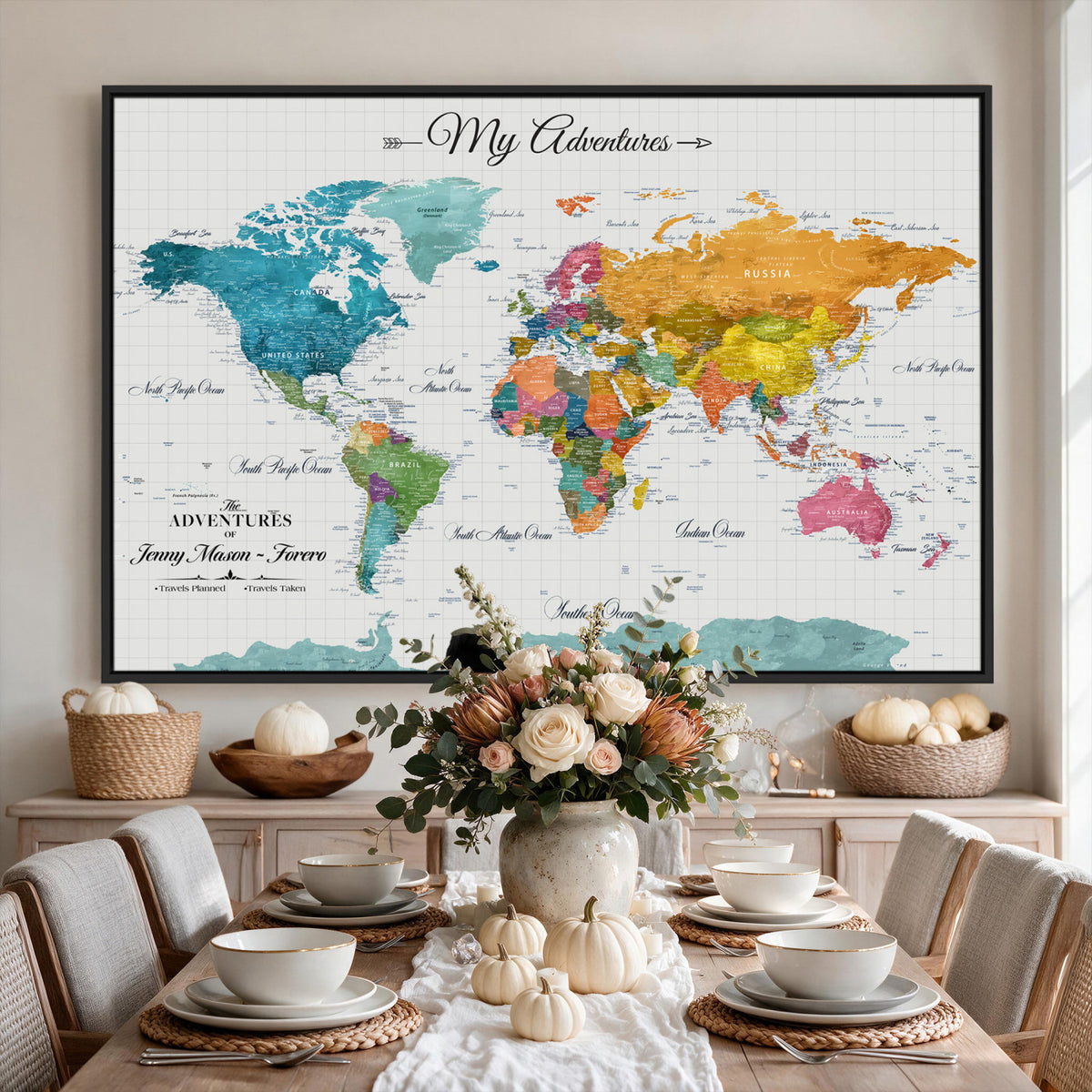 66743043-MGV-CV-36X24 - Extra Large Framed Personalize Push Pin World Map Wall Art Canvas Print for Travel Tracking