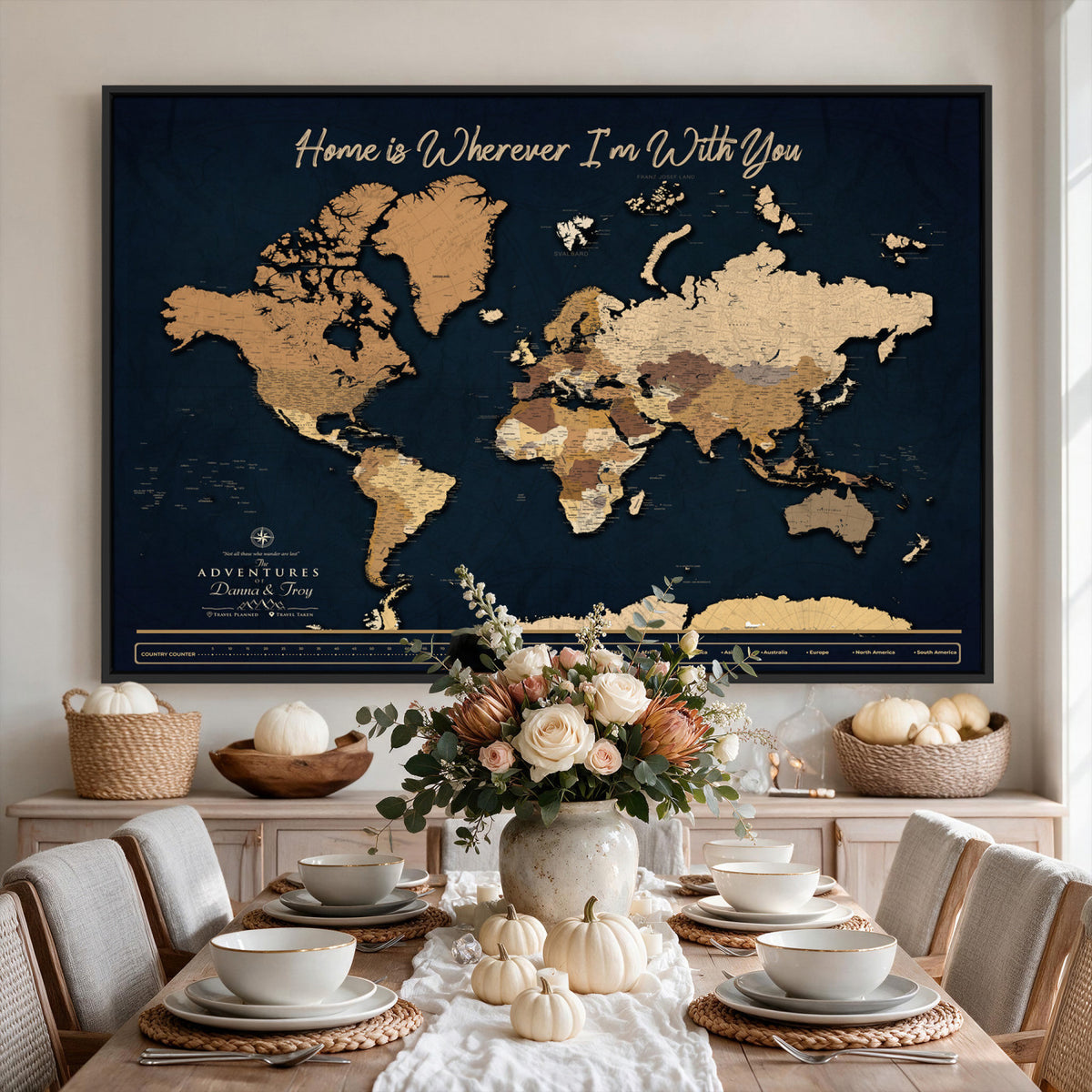 13903533-MGV-CV-36X24 - Extra Large Framed Personalize Push Pin World Map Wall Art Canvas Print for Travel Tracking