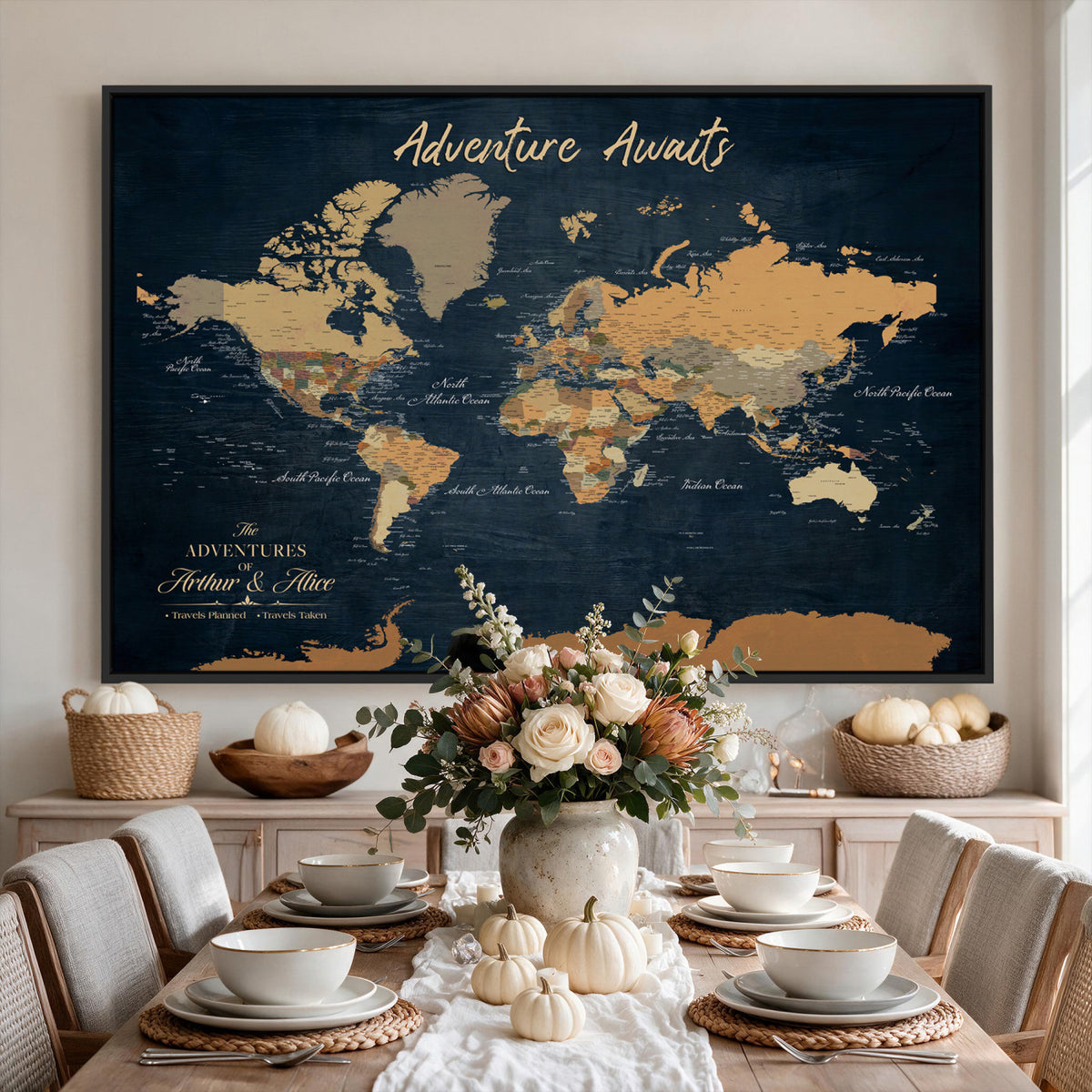 13350960-MGV-CV-36X24 - Extra Large Framed Personalize Push Pin World Map Wall Art Canvas Print for Travel Tracking