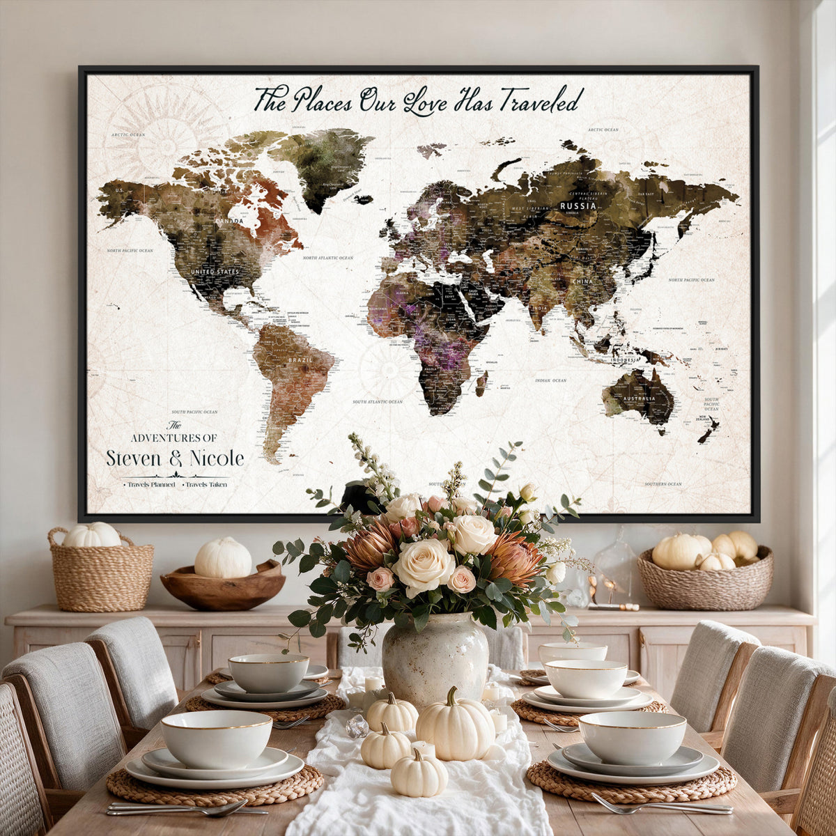 18074626D3D-MGV-CV-36X24 - Extra Large Framed Personalize Push Pin World Map Wall Art Canvas Print for Travel Tracking NEWMAP - 015