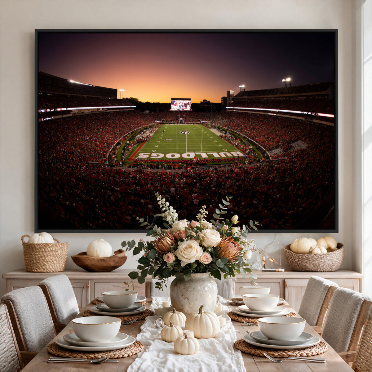 97720998-_Poster-30x20 - Georgia Bulldogs Stadium Sunset Canvas Print 3 Piece Framed Wall Art Extra Large Floating Frame Sports Poster Made in USA