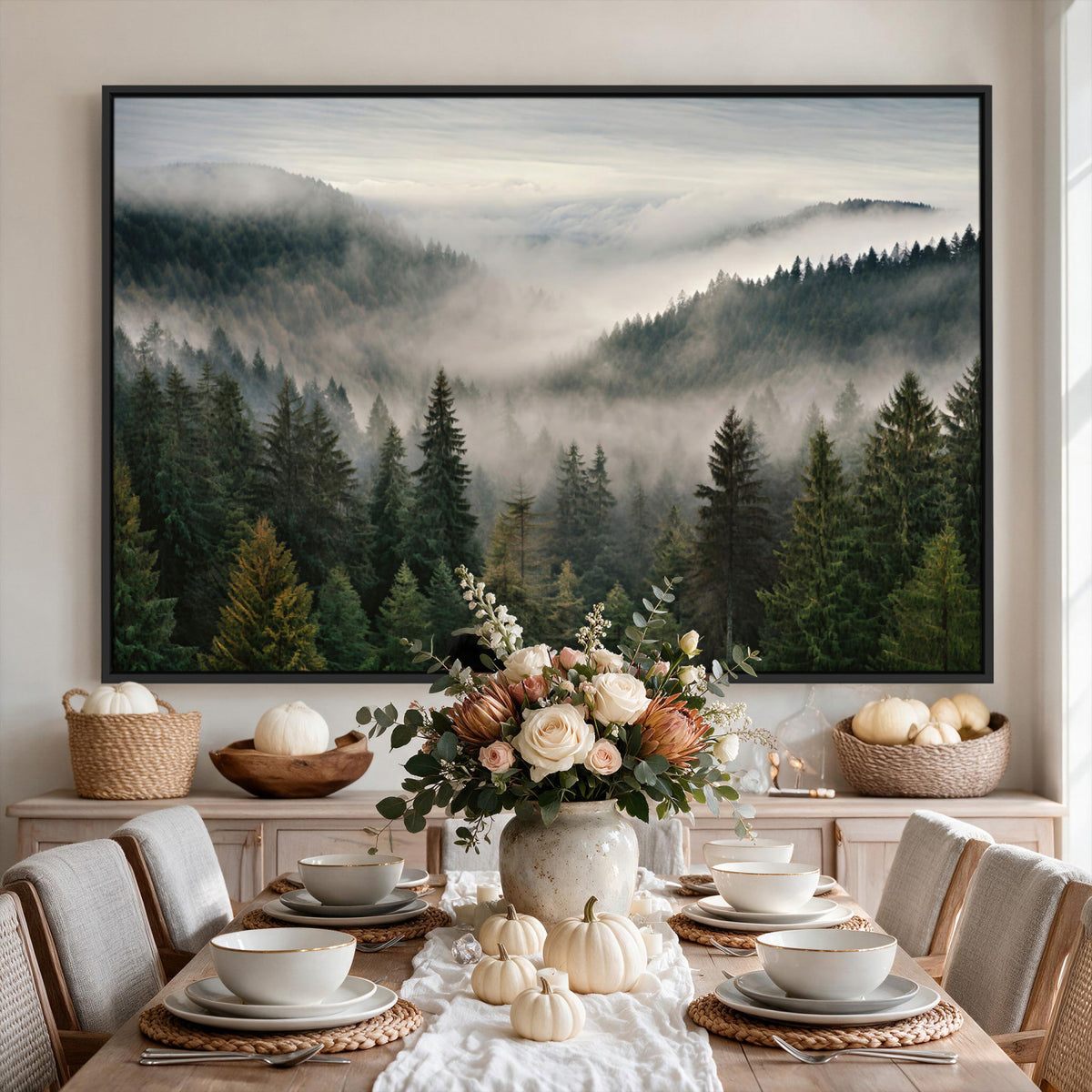 38409495-_Poster-30x20 - Misty Pine Valley Mountain Canvas Print 3 Piece Framed Wall Art Extra Large Floating Frame Nature Poster Made in USA