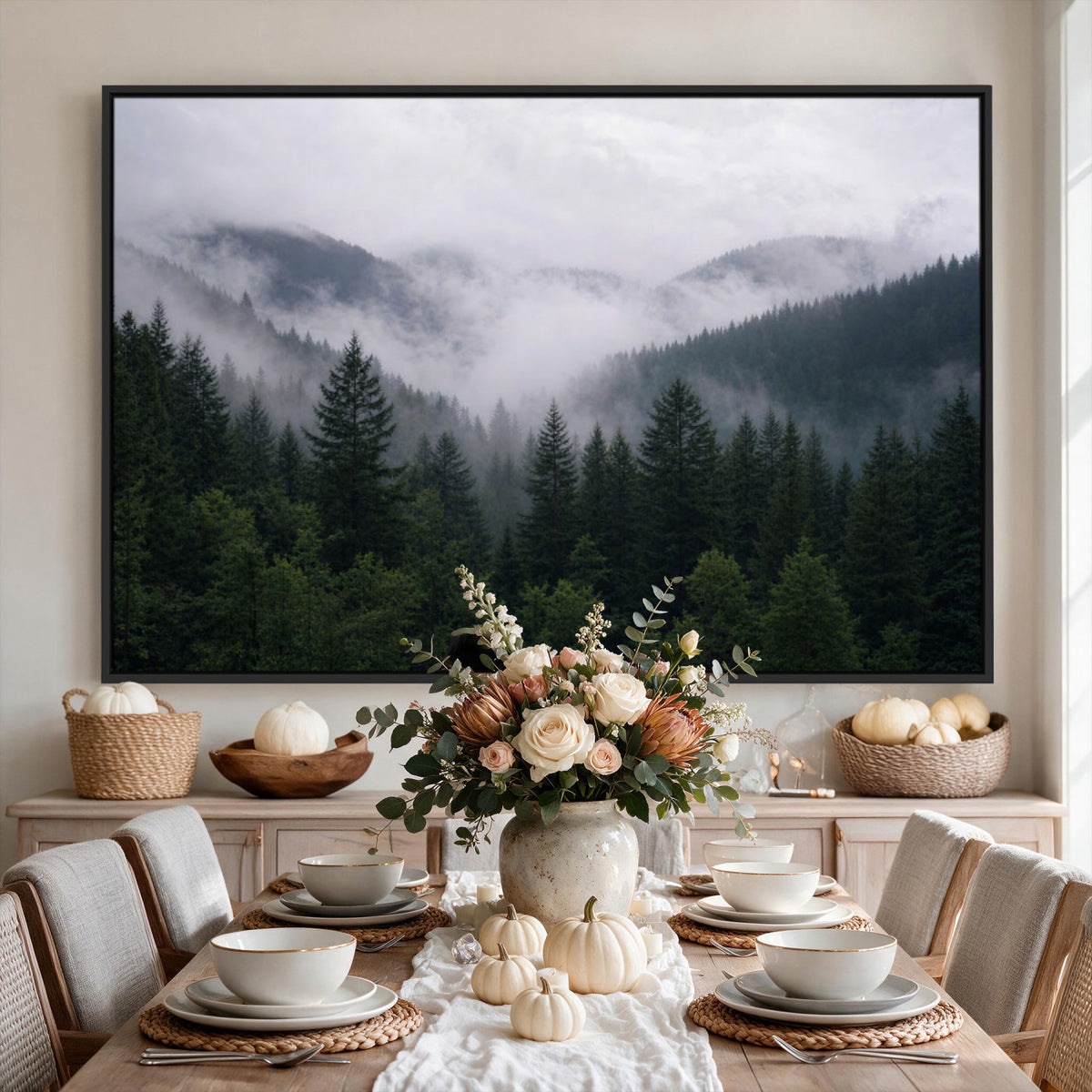 25432119-_Poster-30x20 - Misty Mountain Pine Forest Canvas Print 3 Piece Framed Wall Art Extra Large Floating Frame Nature Poster Made in USA