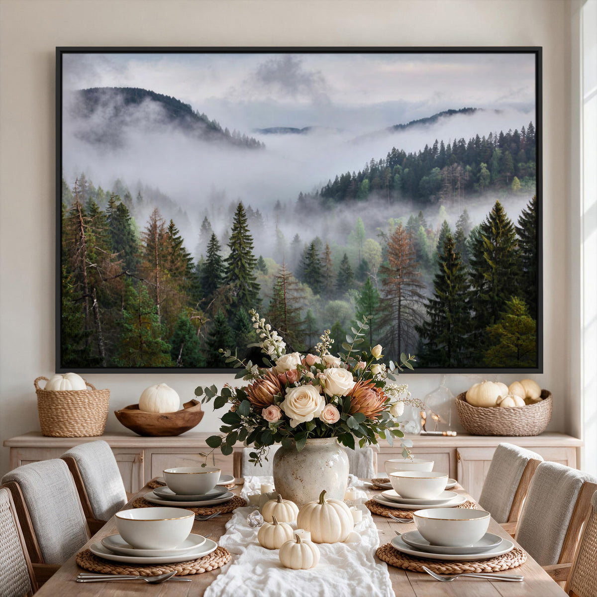 18735847-_Poster-30x20 - Foggy Pine Forest Mountain Canvas Print 3 Piece Framed Wall Art Extra Large Floating Frame Nature Poster Made in USA