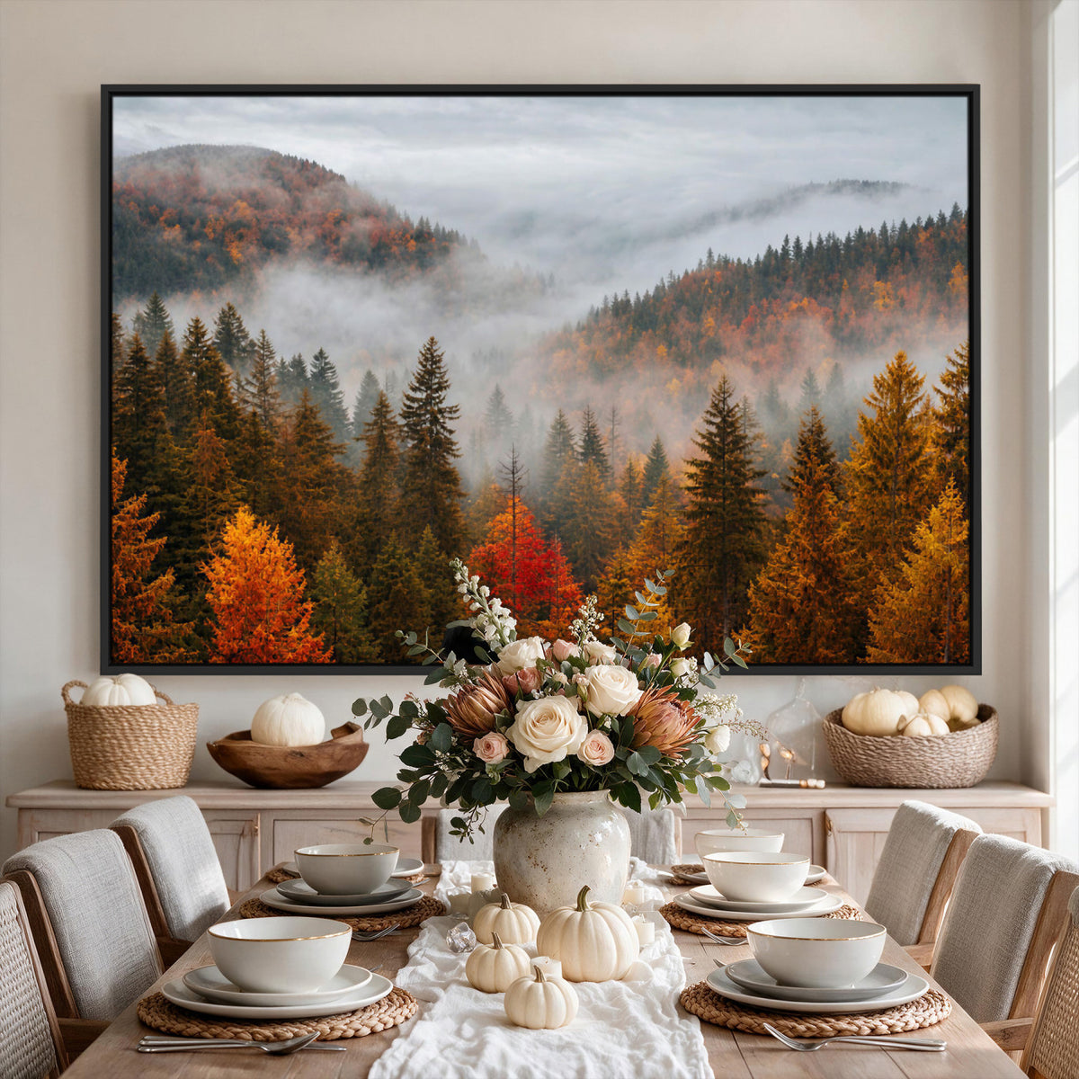 87481341-_Poster-30x20 - Foggy Autumn Mountain Canvas Print Smoky Pine Forest Wall Art Panoramic Nature Poster 3 Piece Made in USA