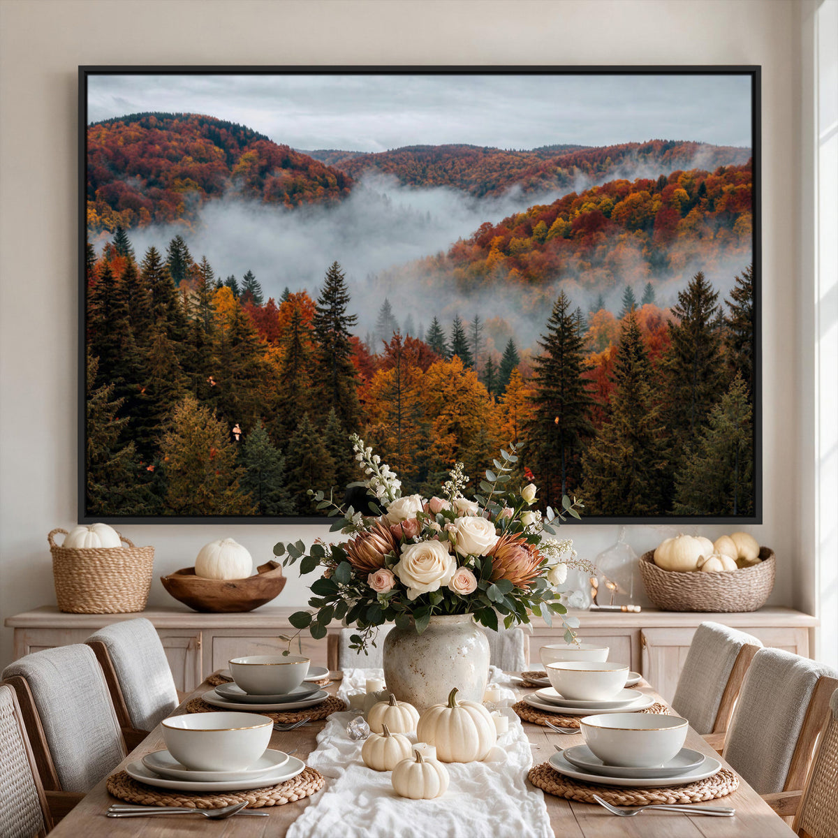 26686263-_Poster-30x20 - Misty Autumn Forest Mountain Canvas Print 3 Panel Wall Art Gallery Wrapped Floating Frame Poster Made in USA