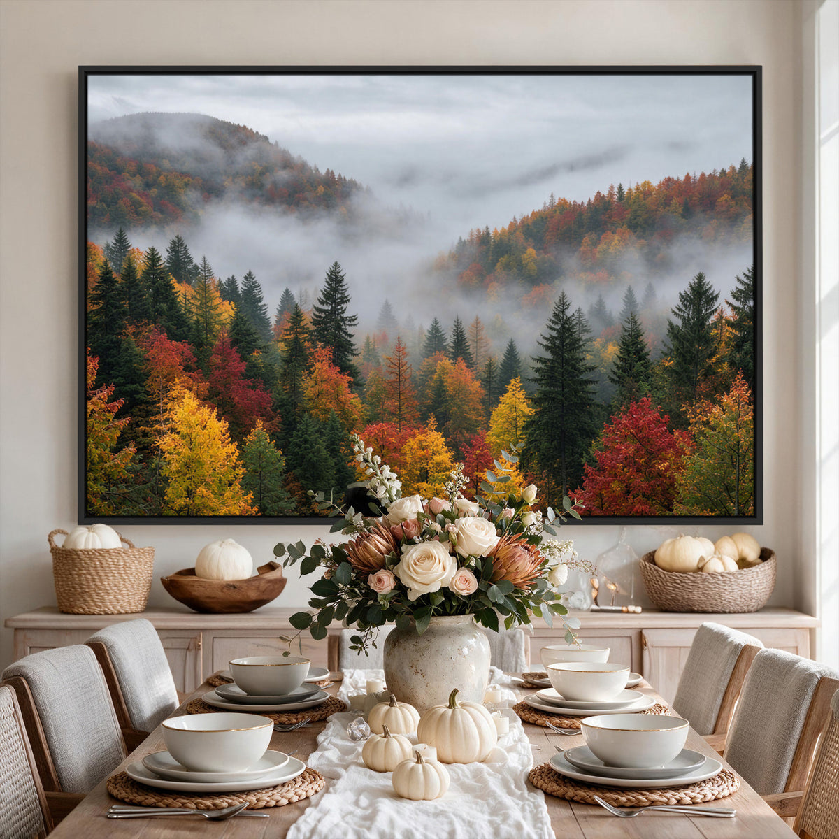 47877083-_Poster-30x20 - Fall Forest Misty Mountain Canvas Print Smoky Mountain Landscape Wall Art Autumn Trees Nature Poster Printing