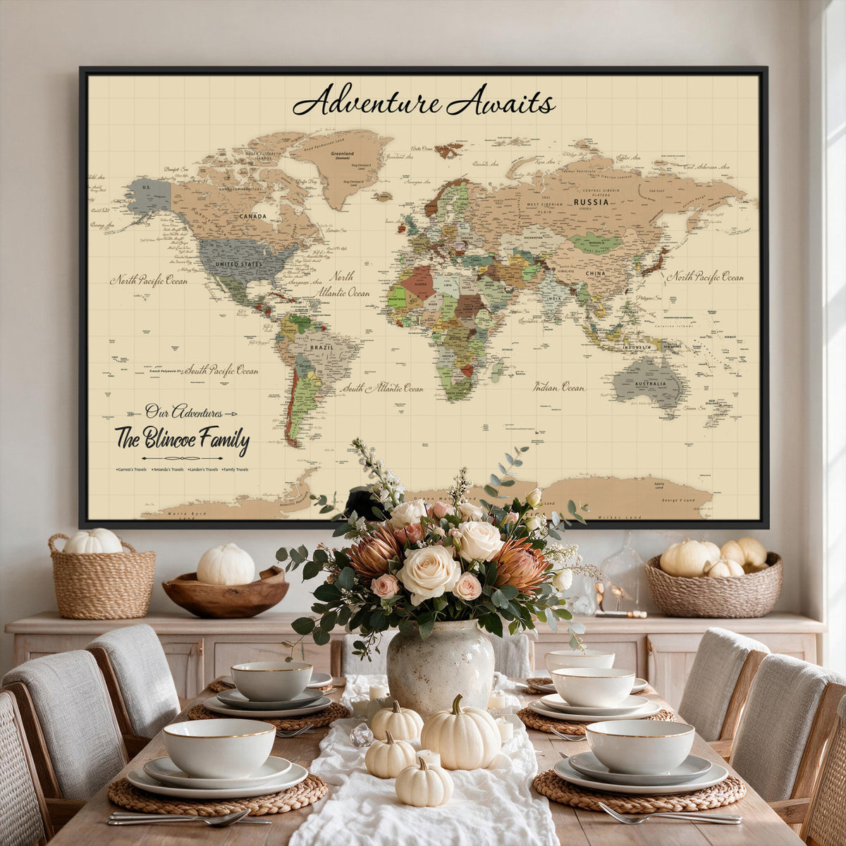 25730261D-MGV-CV-36X24 - Custom Push Pin World Map Wall Art Canvas Print | Personalized Travel Tracker with Pins Framed Large for Home and Office Decor