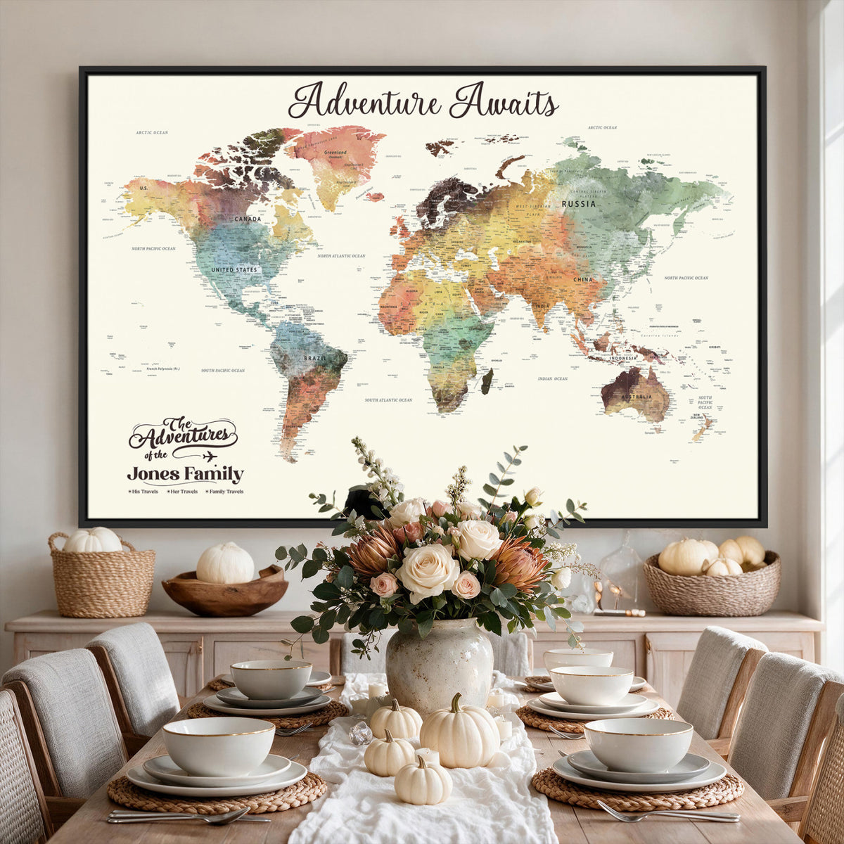 NEWMAP-7D-MGV-CV-36X24 - Custom Push Pin World Map Wall Art Canvas Print | Personalized Travel Tracker - NEWMAP-7