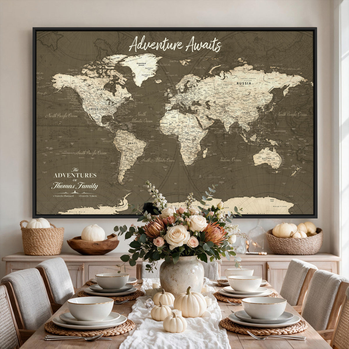 27762875D-MGV-CV-36X24 - Custom Push Pin World Map Wall Art Canvas Print | Personalized Travel Tracker with Pins Framed Large for Home and Office Decor