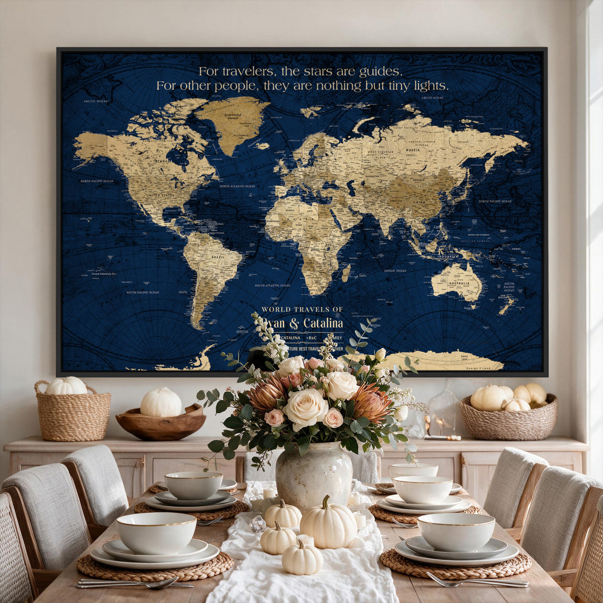71667510D-MGV-CV-36X24 - Custom Push Pin World Map Wall Art Canvas Print | Personalized Travel Tracker with Pins Framed Large for Home and Office Decor
