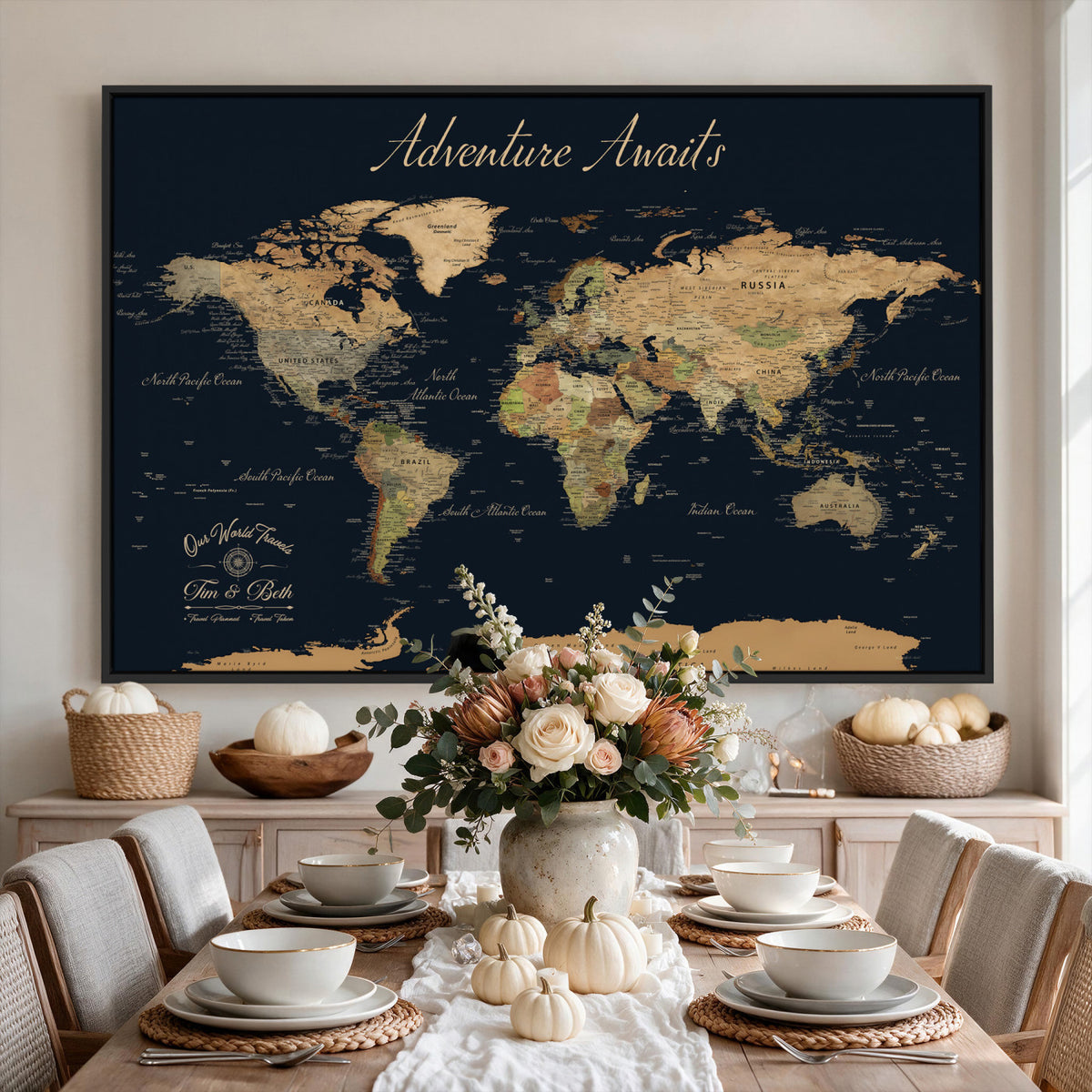 45739634D-MGV-CV-36X24 - Custom Push Pin World Map Wall Art Canvas Print | Personalized Travel Tracker with Pins Framed Large for Home and Office Decor