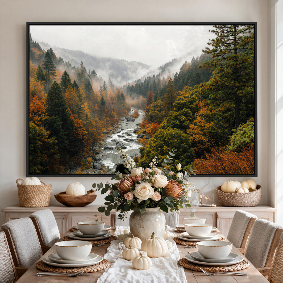 95540697-MGV-TP-30X20 - Misty River Mountain Valley Canvas Wall Art - Autumn Forest Landscape Nature Print