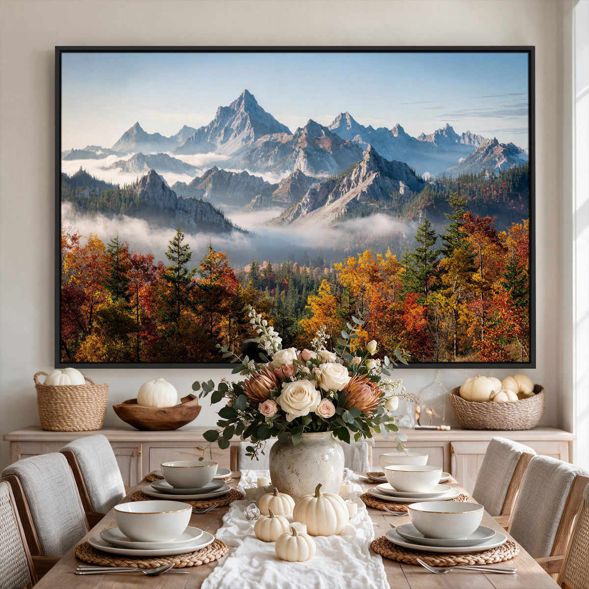 38847944-MGV-TP-30X20 - Majestic Mountain Peak Canvas Wall Art - Panoramic Autumn Forest Fog Landscape Print