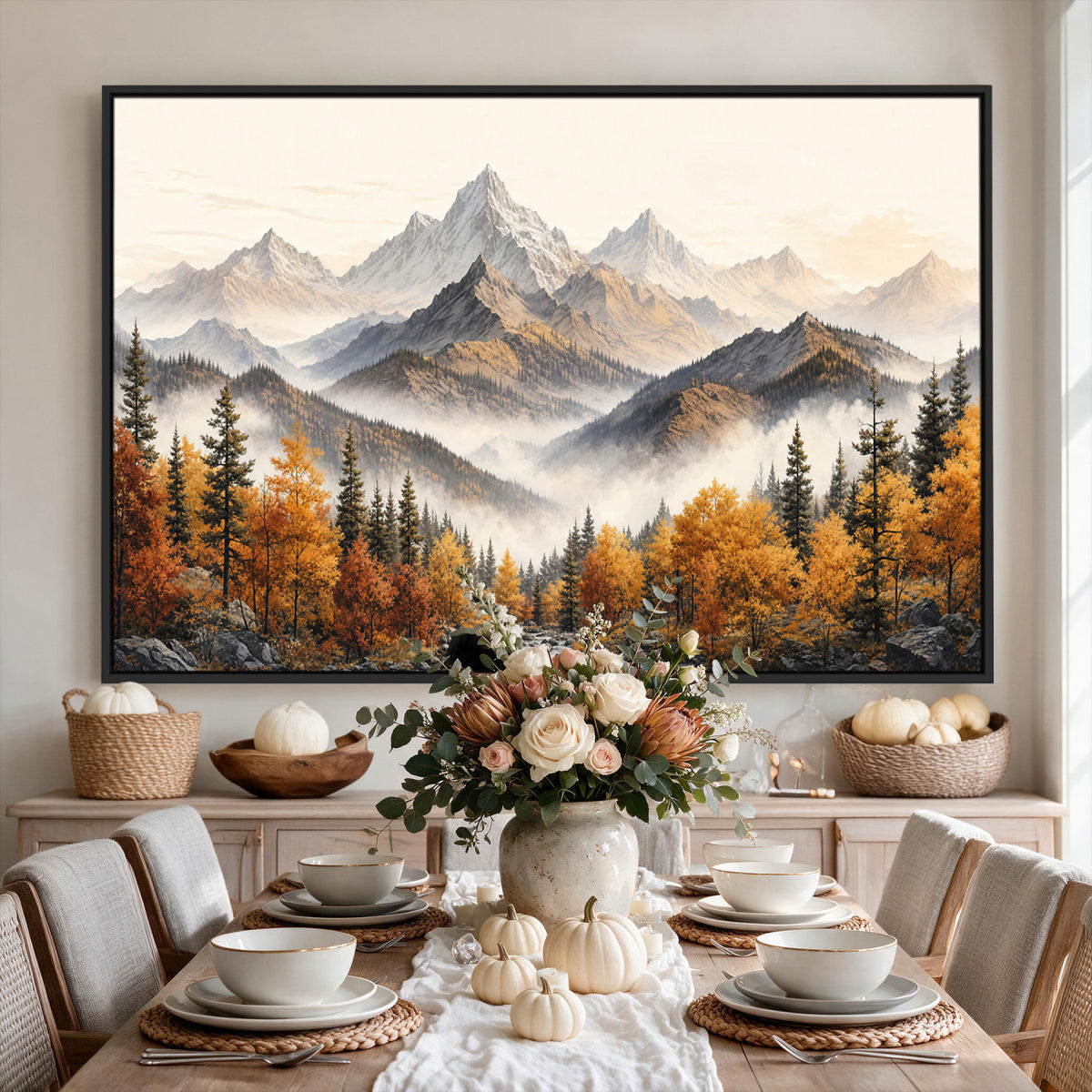 21309099-MGV-TP-30X20 - Extra Large Misty Mountain Autumn Forest Canvas Wall Art - Watercolor Fall Nature Landscape Print