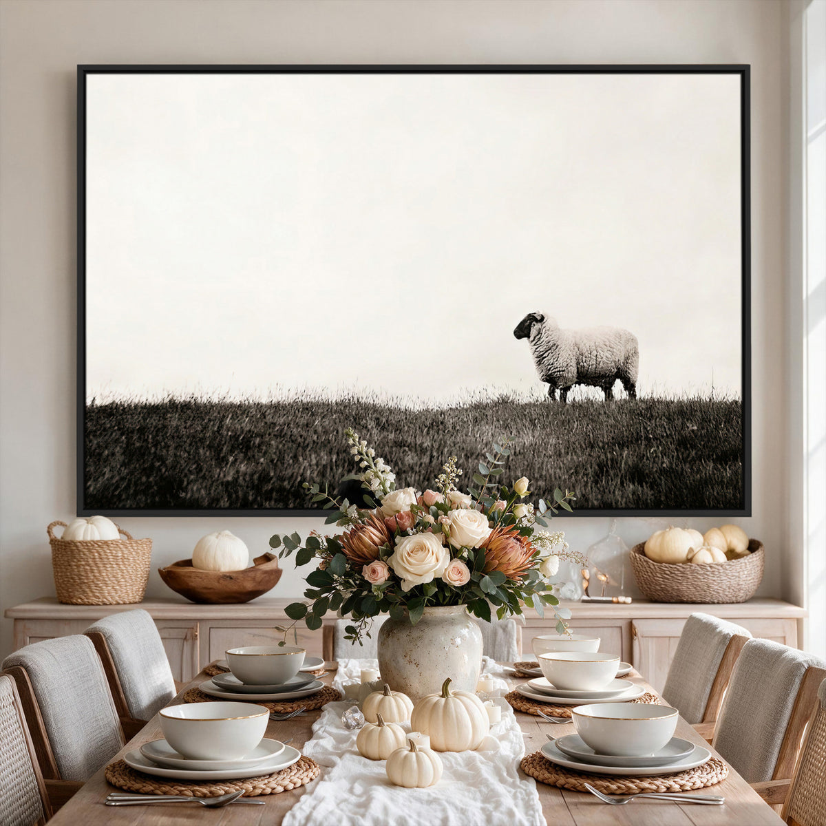 72749448-MGV-TP-30X20 - Minimalist Sepia Sheep Canvas Wall Art - Rustic Farmhouse Country Landscape Print