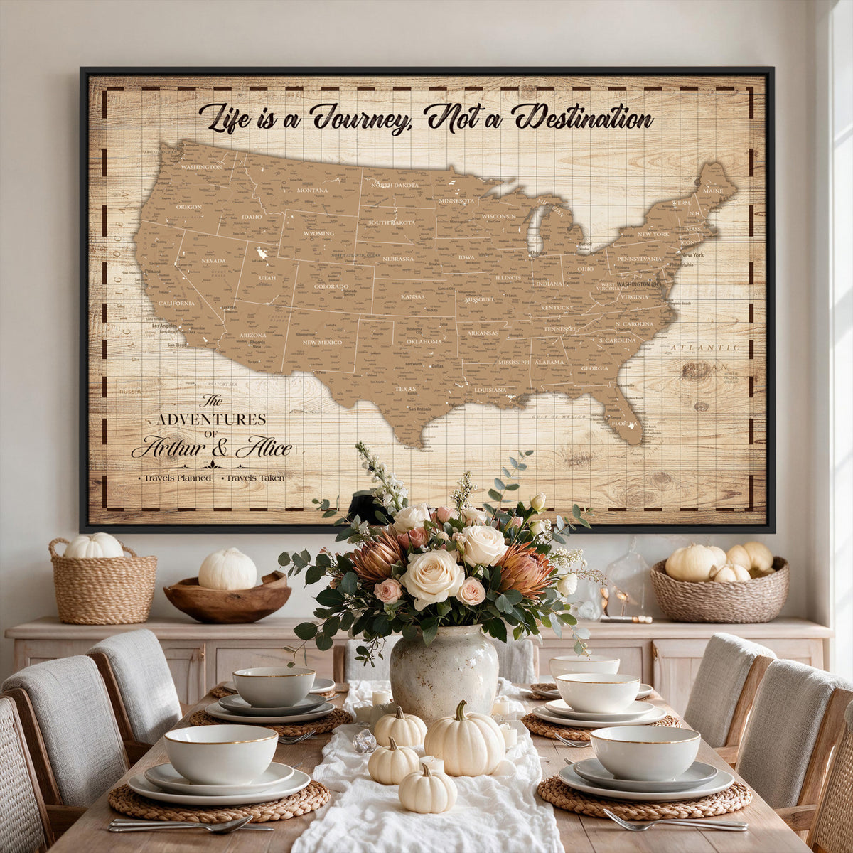 82934328-MGV-CV-36X24 - Custom USA Push Pin Travel Map Canvas Wall Art - Personalized Couples Gift Flat Digital Print