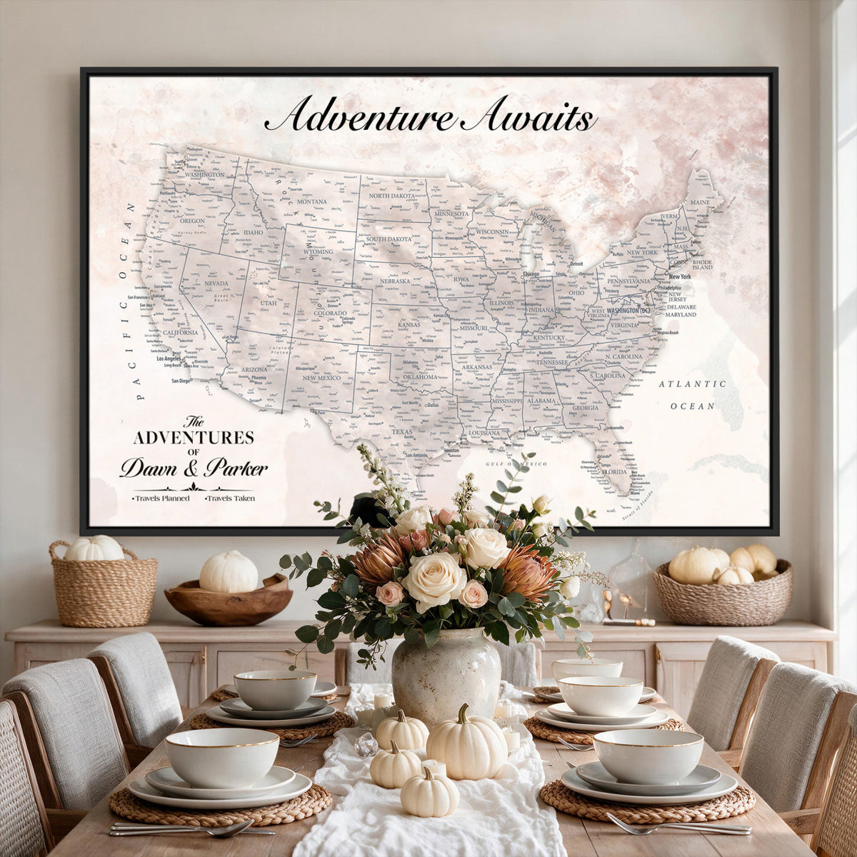 50687859-MGV-CV-36X24 - Custom USA Push Pin Travel Map Canvas Wall Art - Personalized Couples Gift Flat Digital Print
