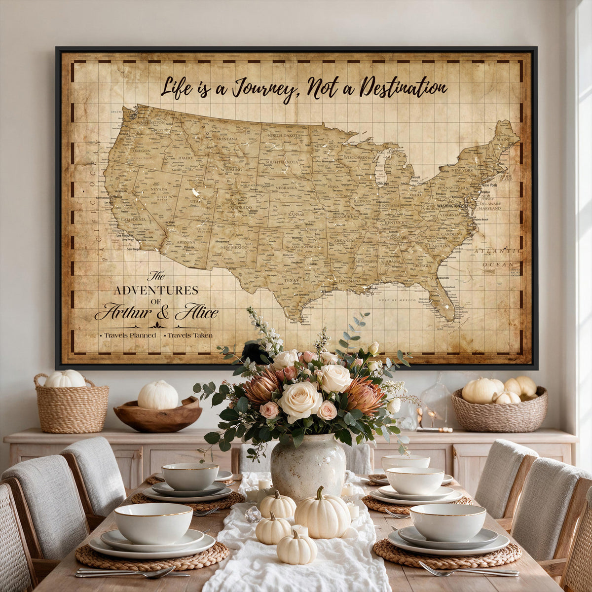 90686209-MGV-CV-36X24 - Custom USA Push Pin Travel Map Canvas Wall Art - Personalized Couples Gift Flat Digital Print