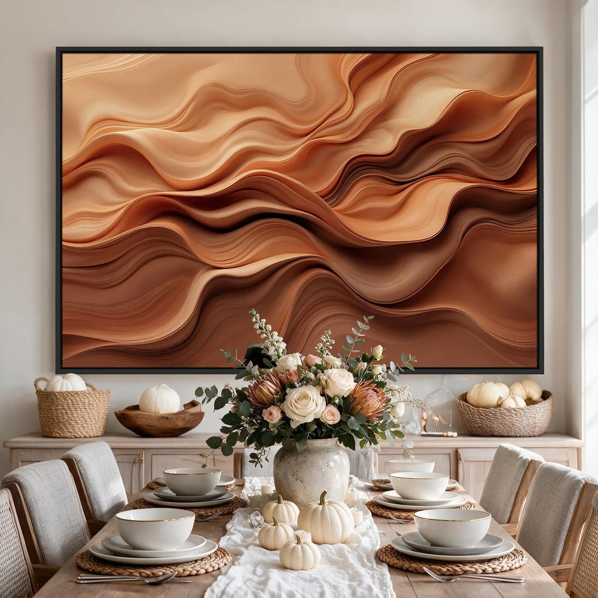 82230697-_Poster-30x20 - Modern Abstract Fluid Waves Canvas Wall Art - Minimalist Warm Terracotta Beige Sand Print
