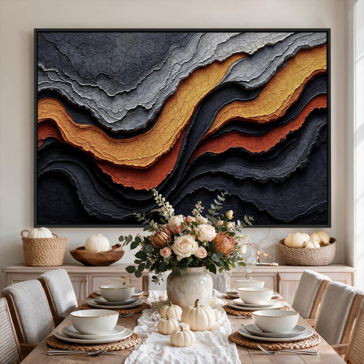 59852489-MGV-CV-36X24 - Abstract Waves Canvas Wall Art - Modern Terracotta and Charcoal Gray Print