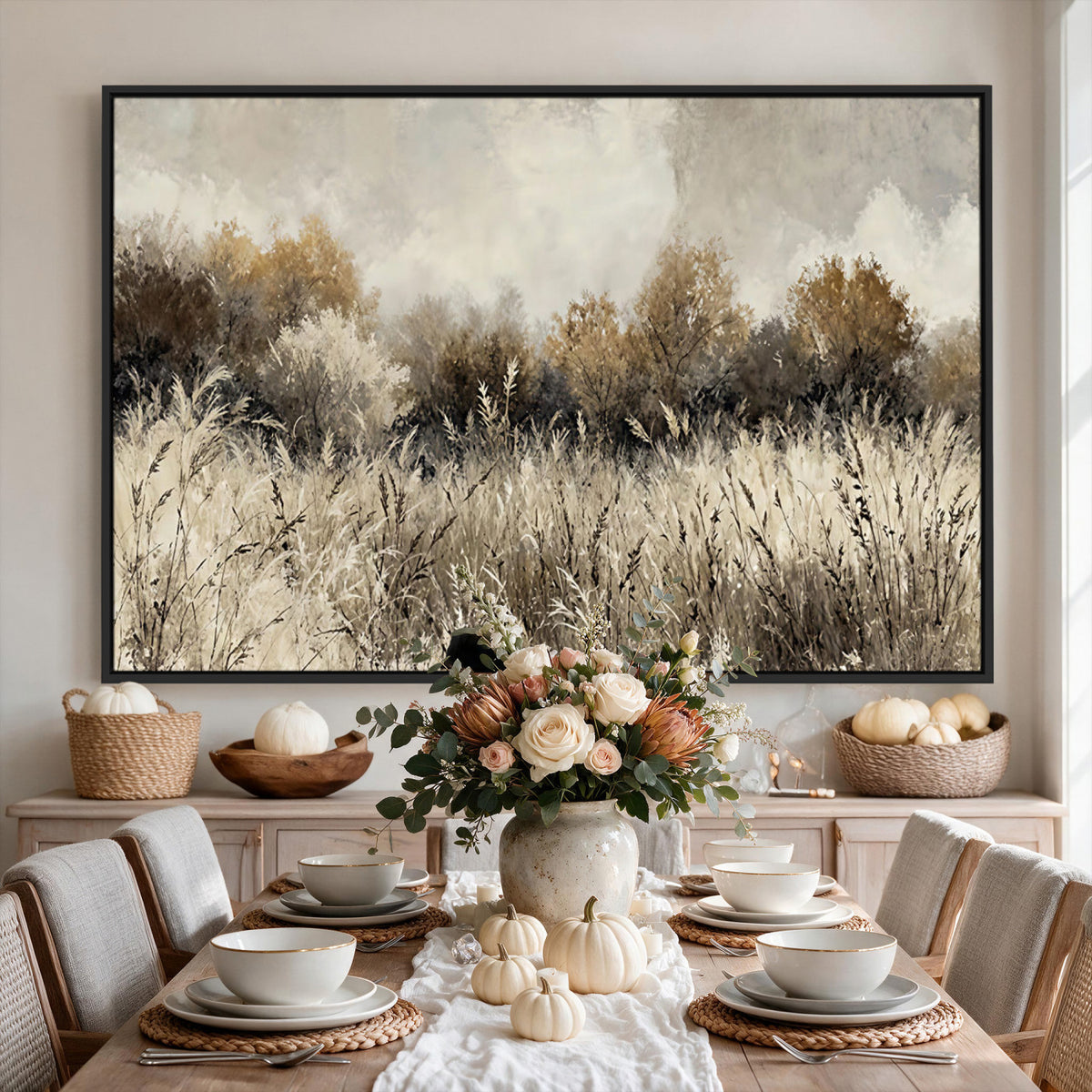 53959945-MGV-TP-30X20 - Muted Neutral Forest Landscape Canvas Wall Art - Vintage Rustic Wildflower Meadow Print