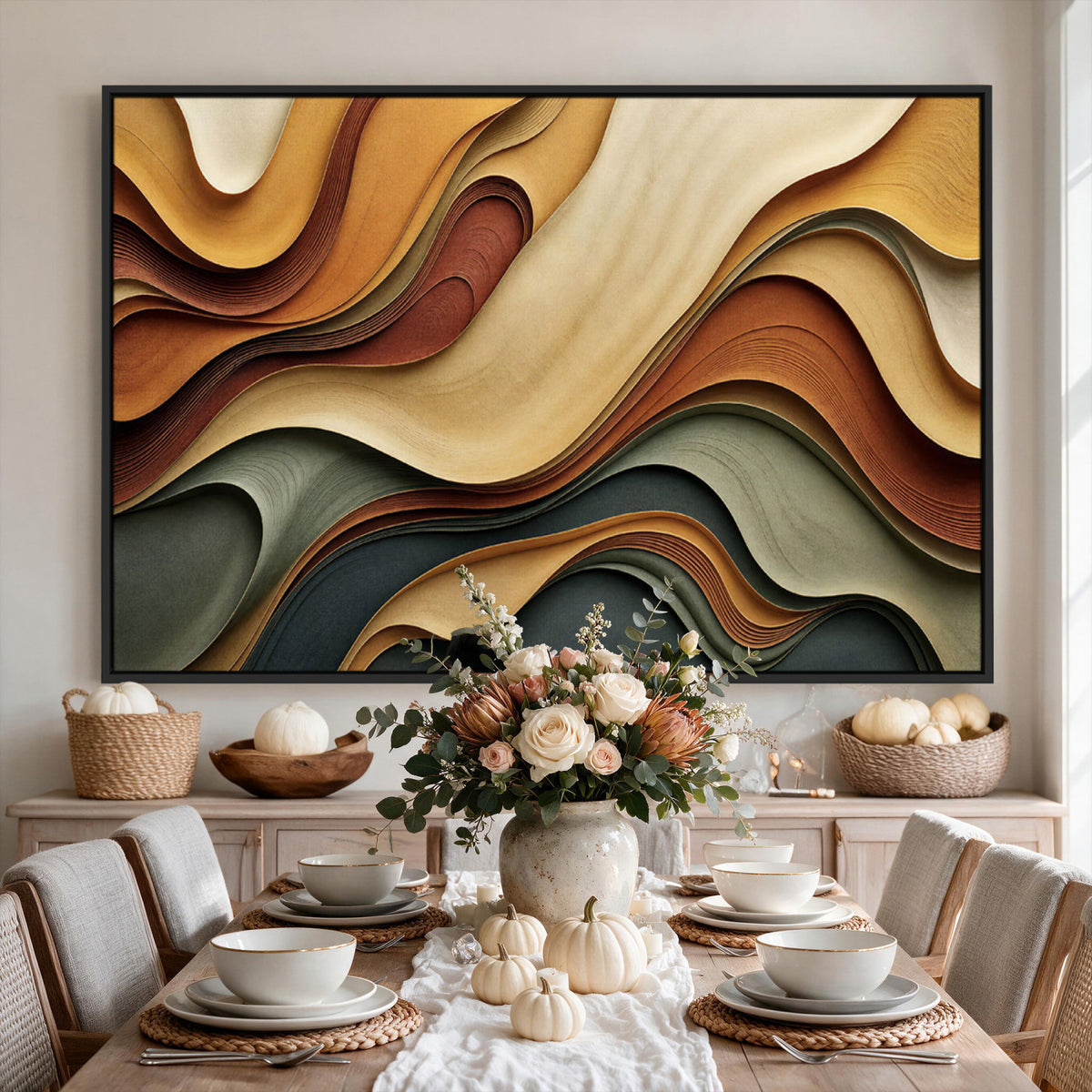 19337902-MGV-CV-36X24 - Modern Abstract Waves Canvas Wall Art - Minimalist Earthy Tone Living Room Decor