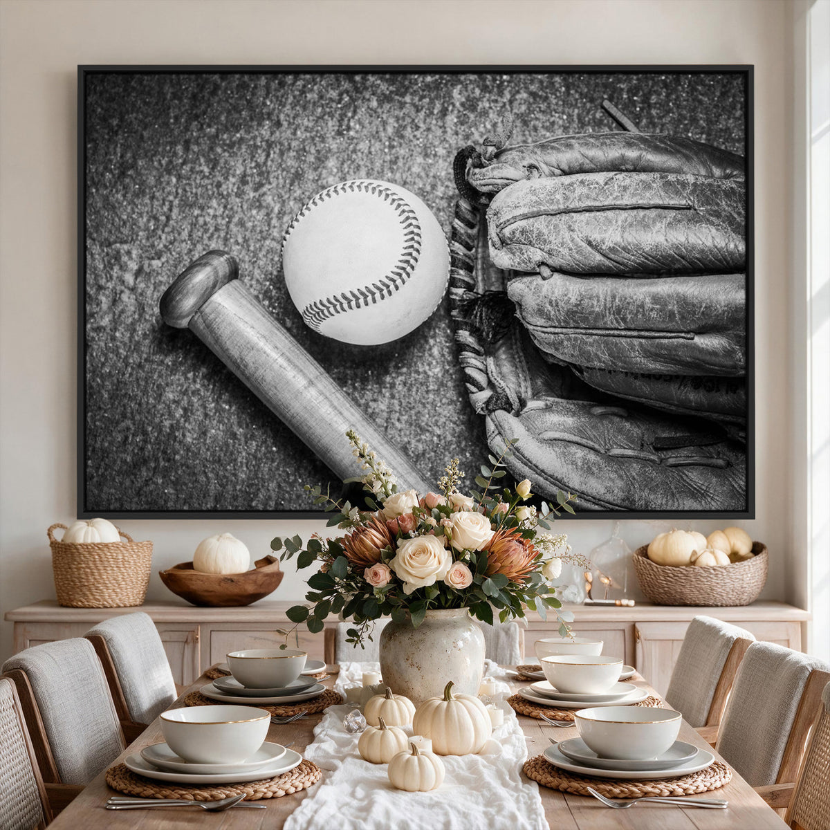 83916D-MGV-CV-36X24 - Vintage Baseball Glove and Bat Sports Wall Art Canvas Print