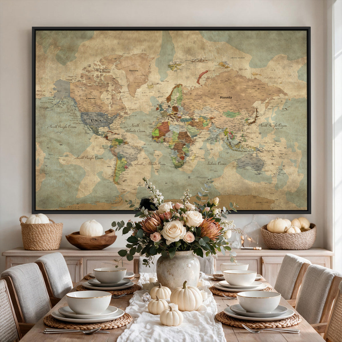 20795898D-MGV-CV-36X24 - Custom Push Pin World Map Wall Art Canvas Print – Personalized Travel Tracker with Pins Framed Large for Home and Office Decor