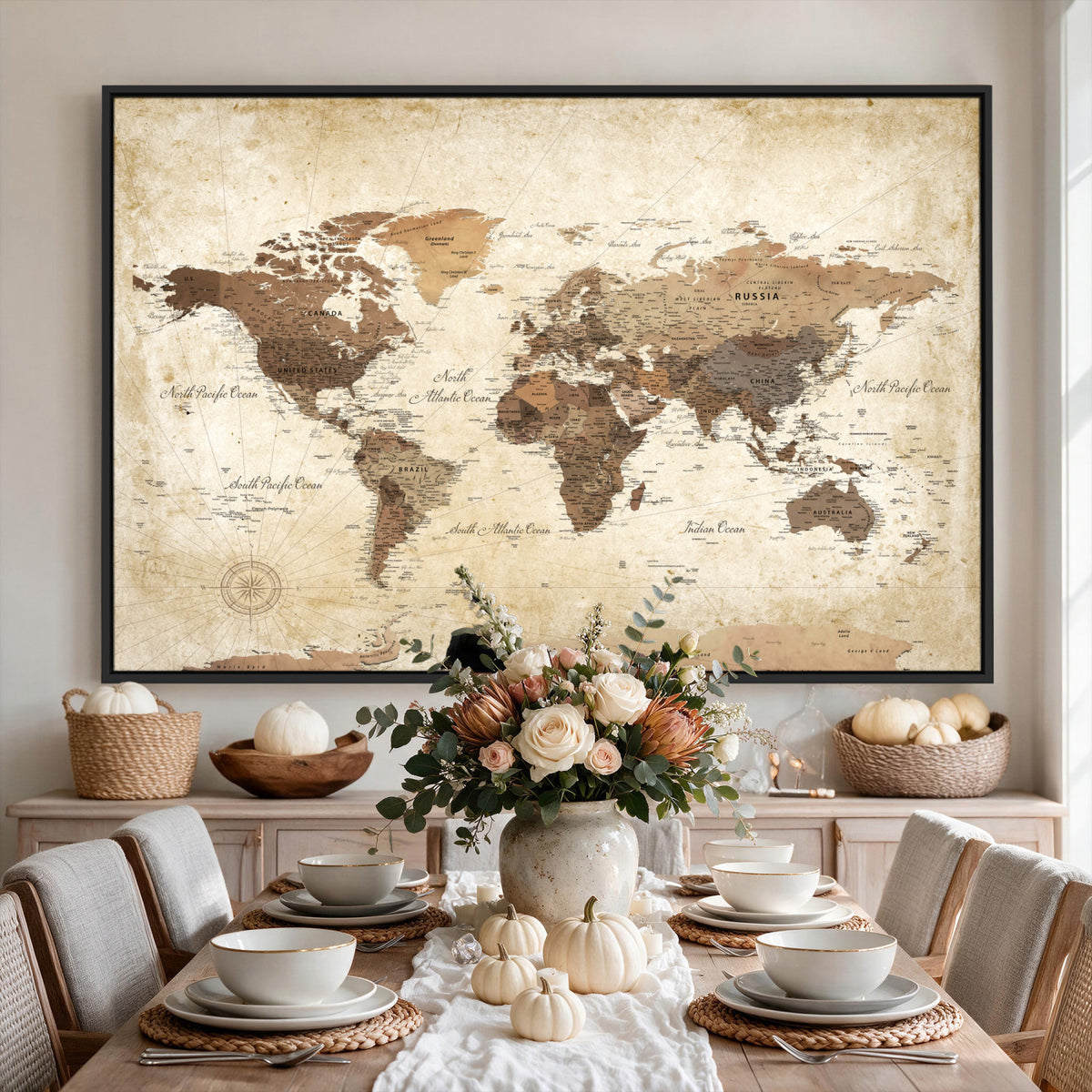 69154703D-MGV-CV-36X24 - Custom Push Pin World Map Wall Art Canvas Print – Personalized Travel Tracker with Pins Framed Large for Home and Office Decor