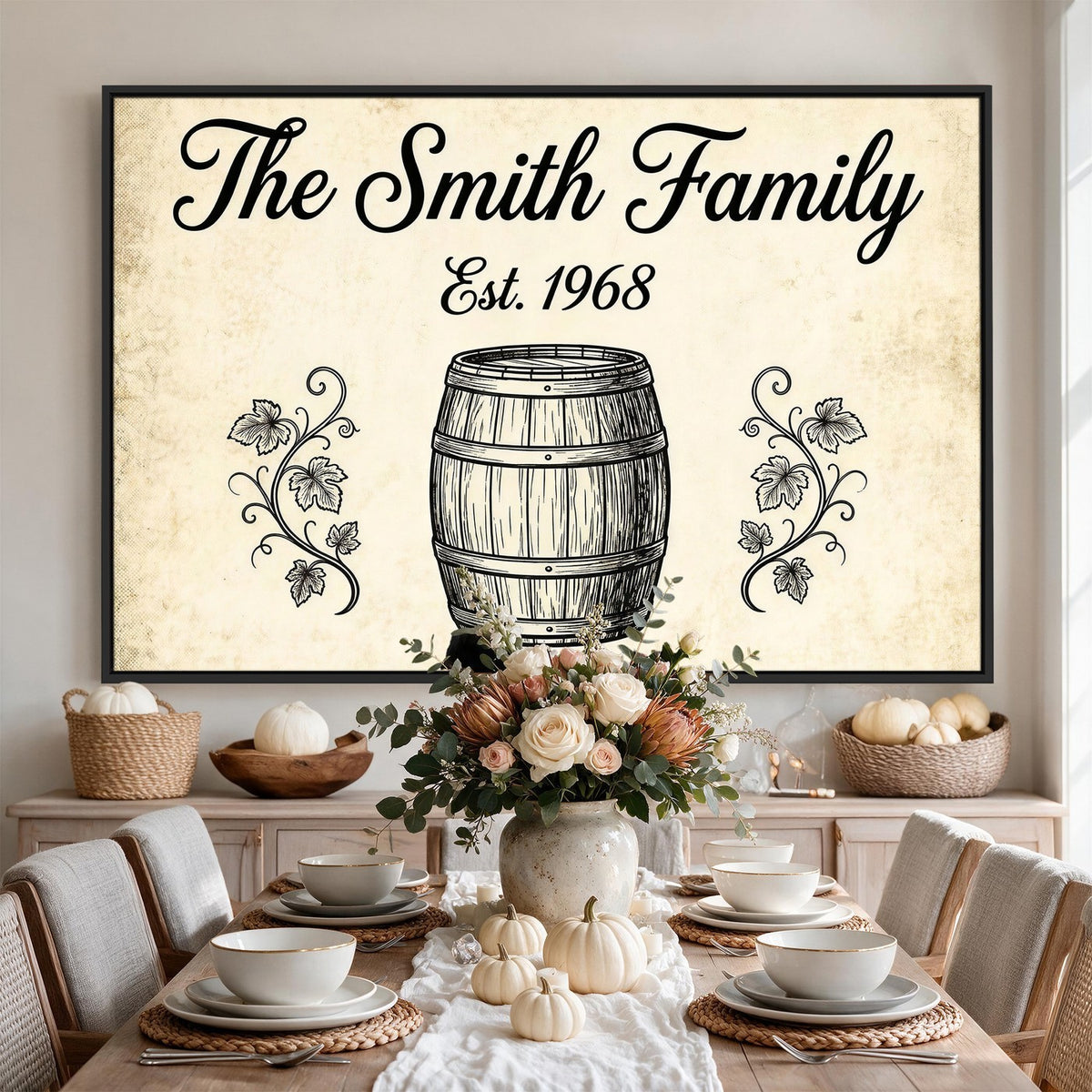 Wine barrel family name sign wall art, canvas print
