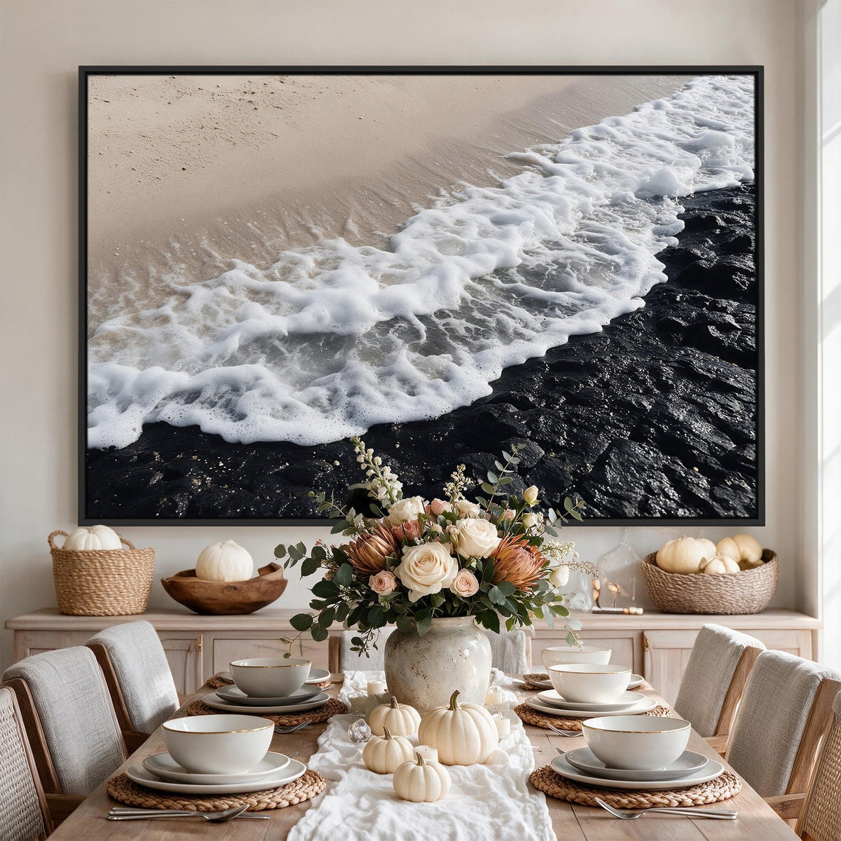 27448606-MGV-CV-24X16 - Ocean Wave Foam on Black Lava Rock Beach Canvas Wall Art Print