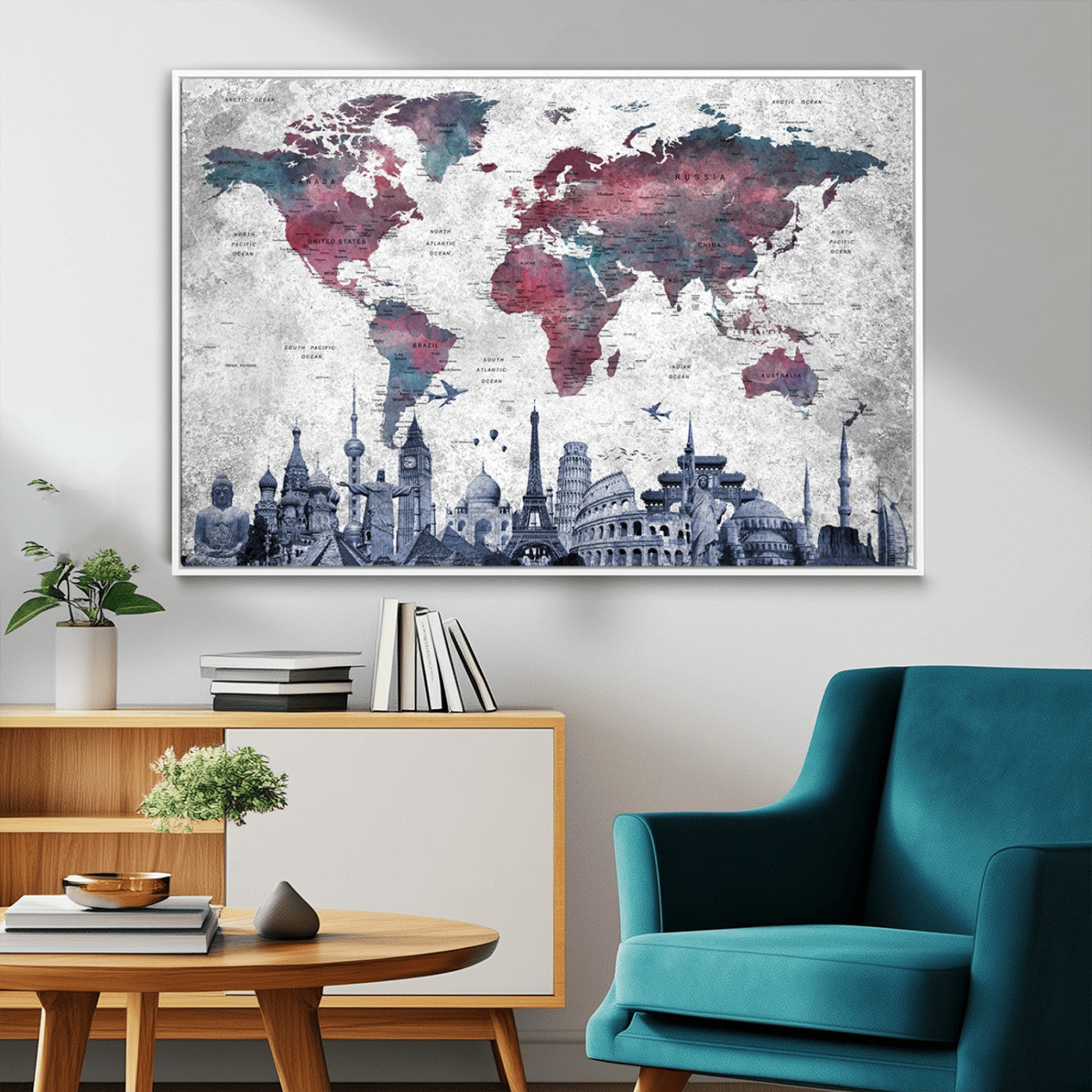 MGV-FC-36X24 - Push Pin World Map Canvas Print – Framed Wall Art for Couples to Track Their Travels – Anniversary
