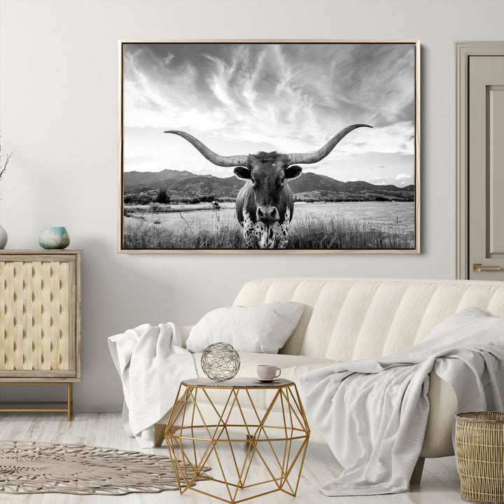 Longhorn Cow Wall Art Canvas Print Farmhouse Wall Art - Texas Longhorn Wall Art Print