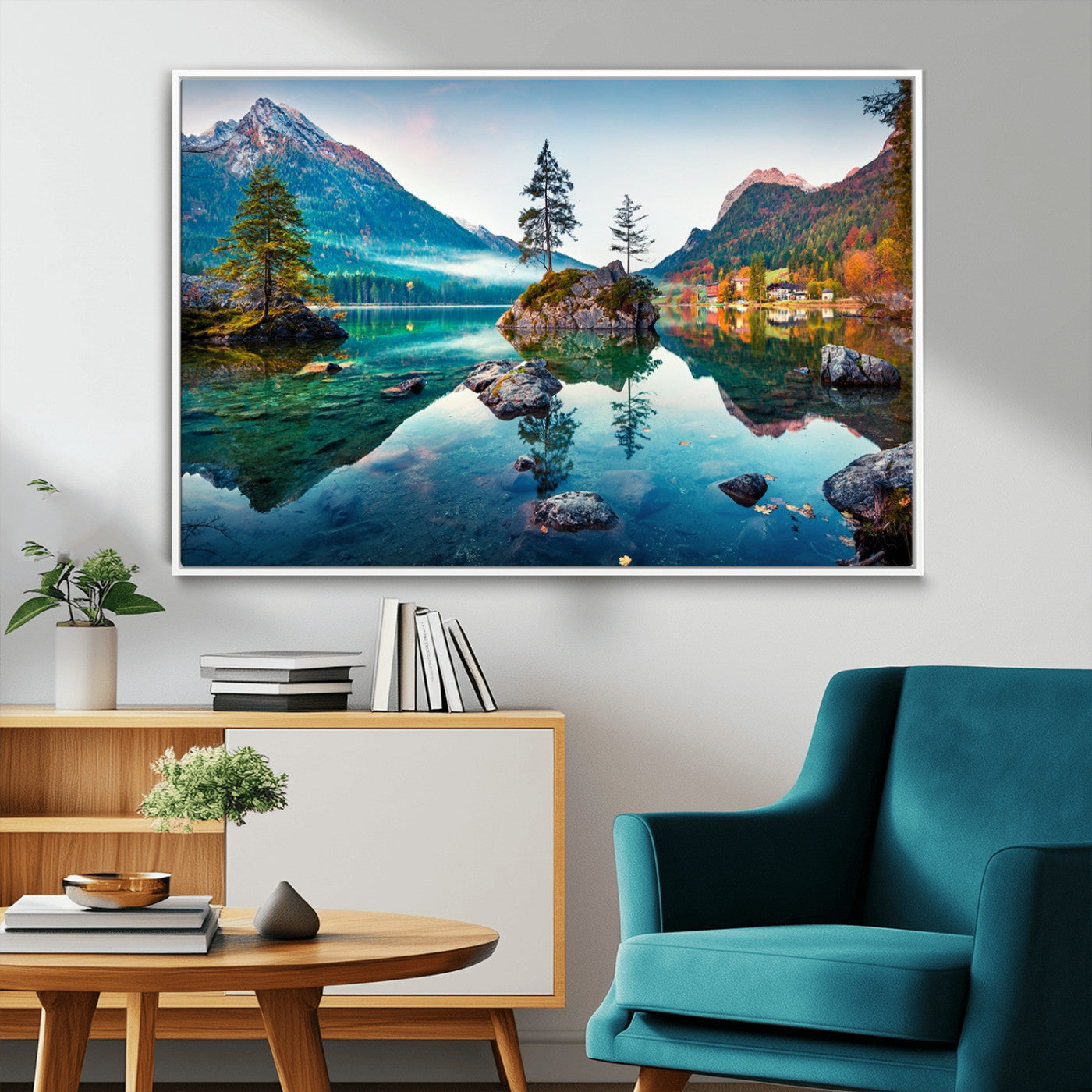 55009-MGV-FC-36X24_White-Crystal Clear Lake Wall Art | Mountains Wall Art Canvas | 3 Panel Large Landscape Print for Dining