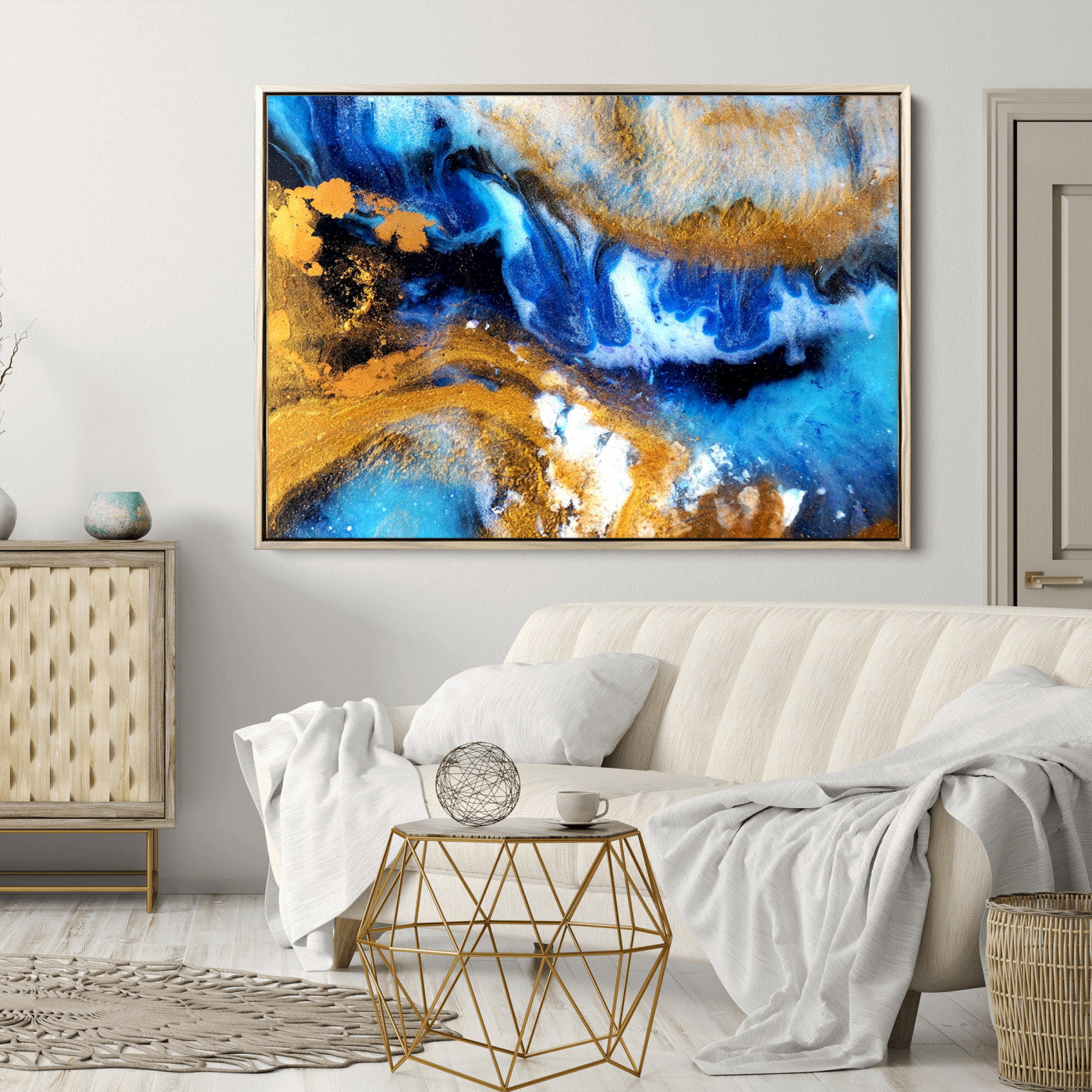 42100-MGV-CV-36X24-Blue Orange Marble Fluid Effect Canvas Wall Art Print