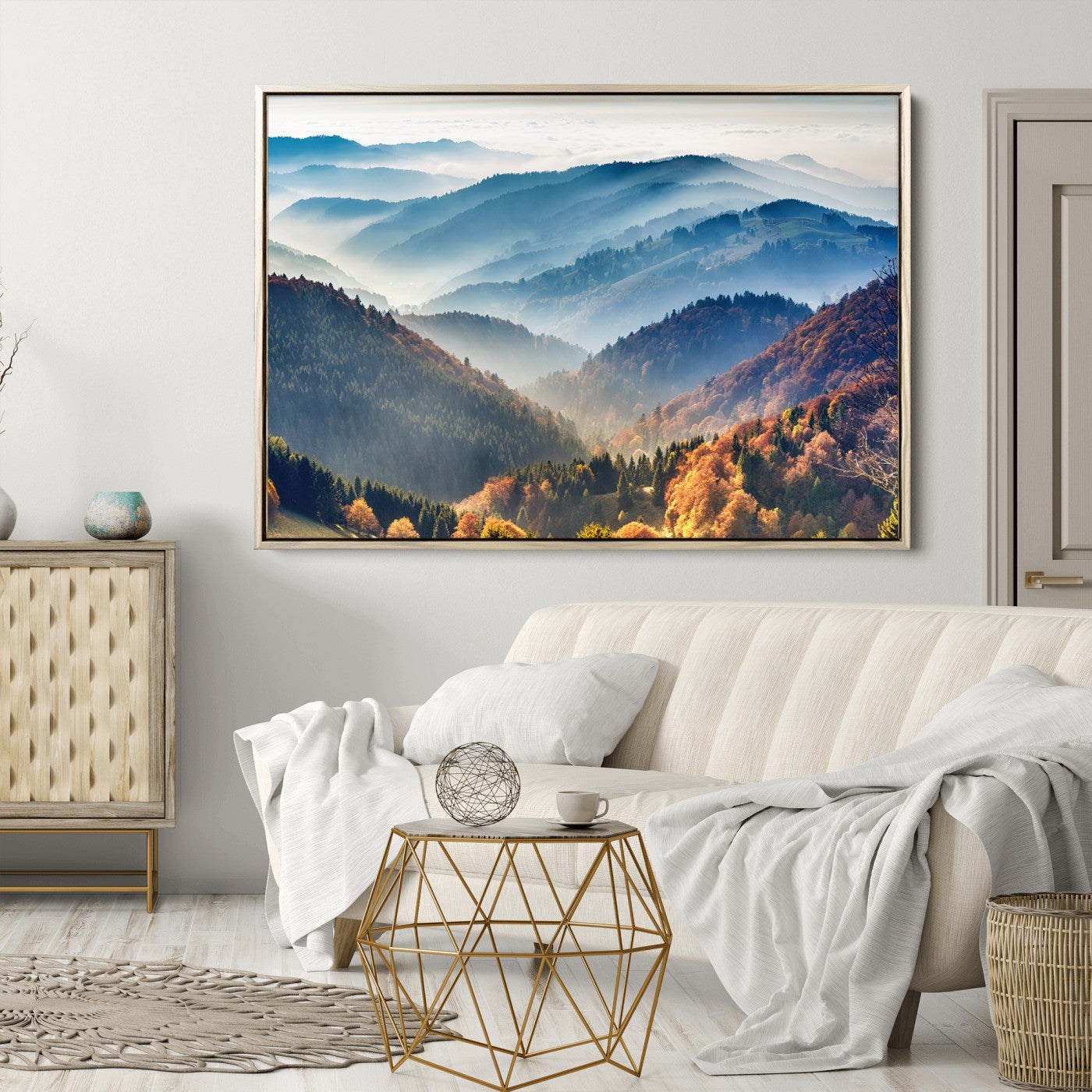 23293-MGV-CV-36X24-Misty Mountain Sunrise Triptych Canvas Print – Autumn Landscape Wall Art – Scenic Nature Decor – Ready to Hang
